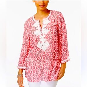 Charter Club Embroidered Split Neck Tunic Pink White Size PM Resort Cruise Chic